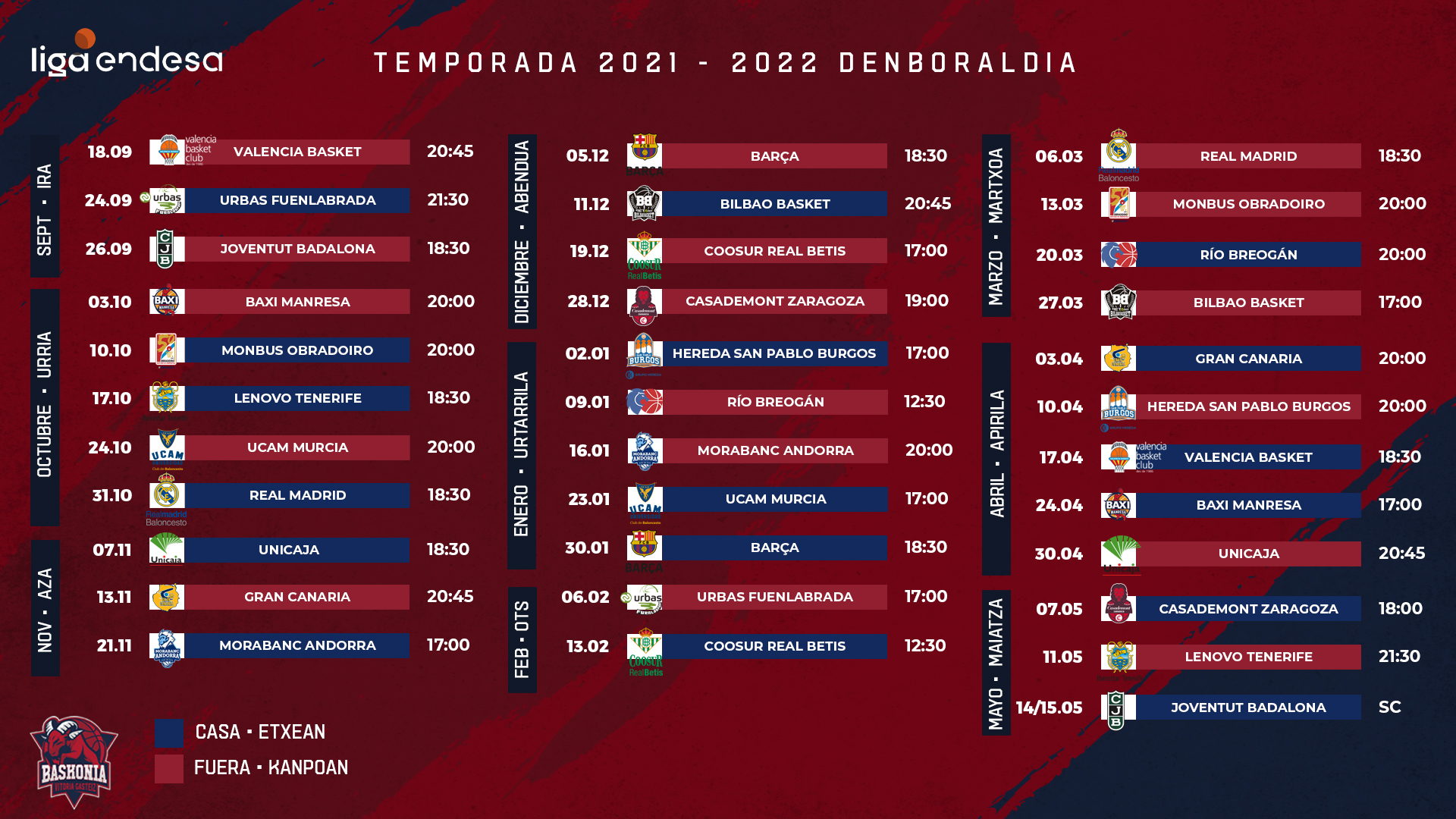 Sembrar intercambiar bobina Baskonia ya conoce el calendario de Liga Endesa 2021-22 - Saski Baskonia
